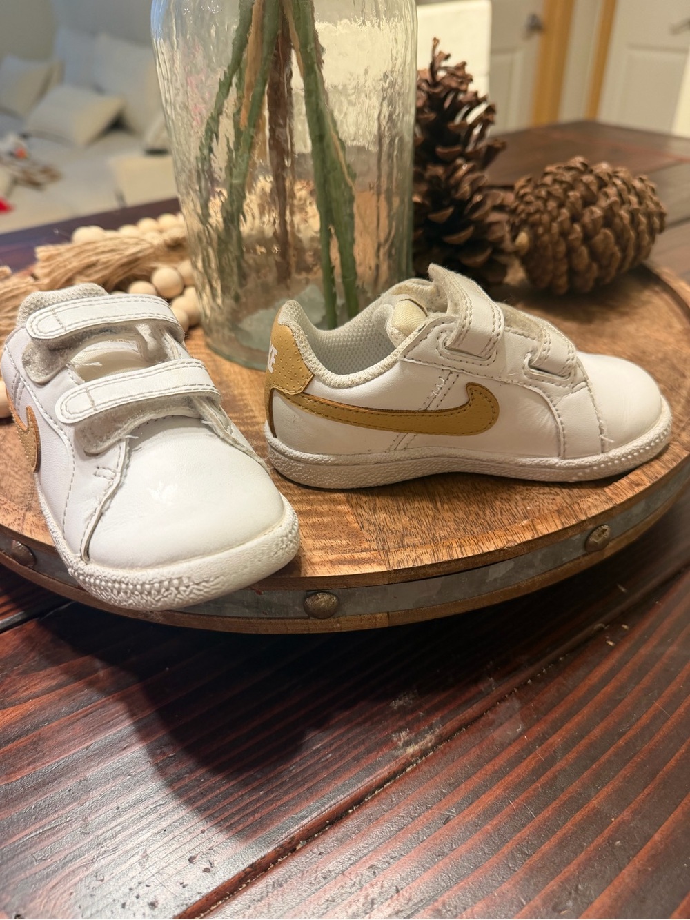 Nike Kids White Sneakers with Gold Swoosh - Velcro Closure